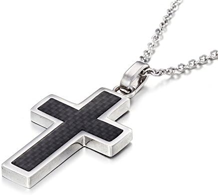 MgTree Stainless Steel Black Carbon Fiber Inlay Cross Pendant Necklace for Men Women, 20''-24" Chain (Silver Tone: 24'' Chain)