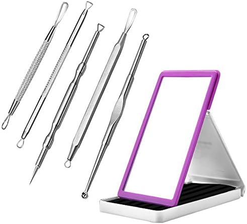 Pimple Extractor, HiBeauty Comedone Extractor 5 in 1 Acne Extractor Kit, Treatment for Blemish, Whitehead, Zit Free Risk for Face &amp; Nose Skin with Beauty Mirror, Purple