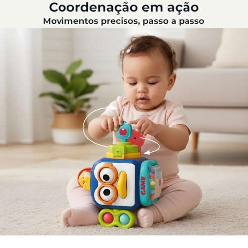 Cubo de Atividades Montessori para Bebê – Brinquedo Sensorial 0 a 24 meses, Coordenação Motora Fina, Texturas e Cores