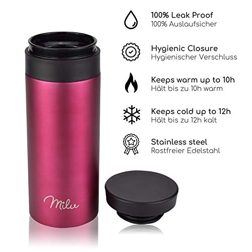 Milu Edelstahl Thermobecher to go - 350ml, 450ml - 100% Auslaufsicher â Trinkbecher, Teeflasche Thermosflasche Autobecher doppelwand Isolierung - 360°-Trinköffnung (Berry, 350ml) – Bild 3