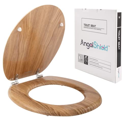 Angel Shield Antibacterial Wooden Toilet Seat - Adjustable Hinges, Always Fits, Never Slips - 45 x 37 x 5.6 cm (Solid Oak)