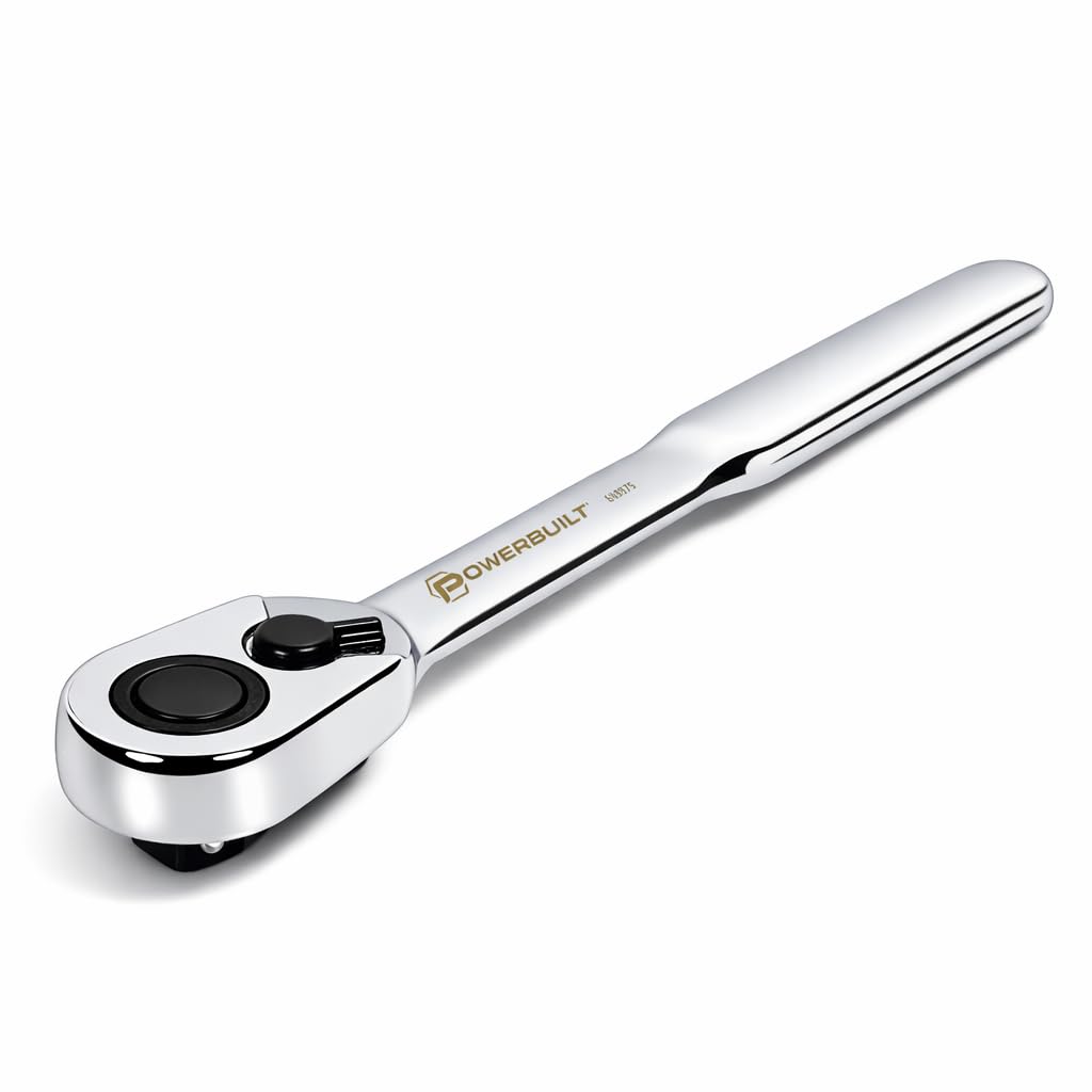 Powerbuilt Low Profile Ratchet, 3/8 Inch Drive, Slim Design Tight Spaces, Quick Thumb Button Socket Release, 649975,Silver