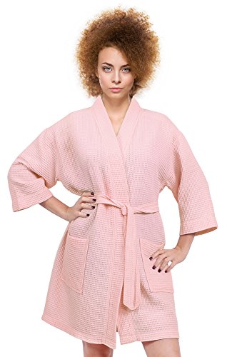 Women's Knee Length Waffle Weave Kimono Bathrobe (XXL, Peach)