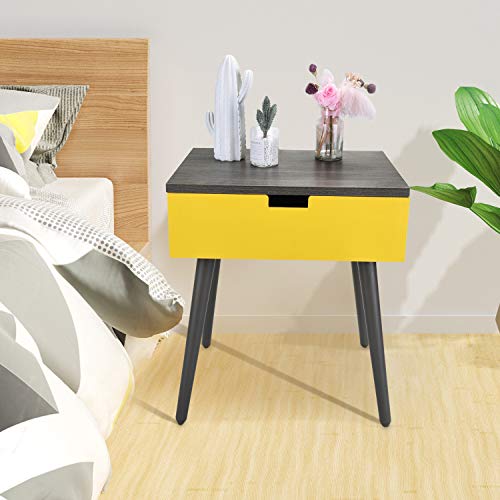 Frylr Nightstand Bedside Table with Drawer Solid Wood Legs End Table for Living Room Bedroom 18.8''x15.7''x21.5'- Grey and Yellow