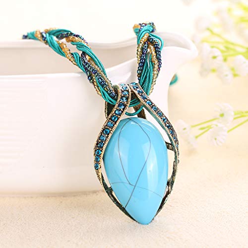 Challyhope Fashion Retro Bohemian Turquoise Stone Pendant Collar Statement Chunky Necklaces Rhinestone Gem Jewelry for Women Beach Hawaii (Blue)