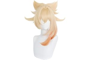 WIGGY MERMAID SL Blonde Wig for Yoimiya Cosplay Anime Orange Fluffy Spiky Hair Wigs with Ponytail Bangs + Cap (Need styling)