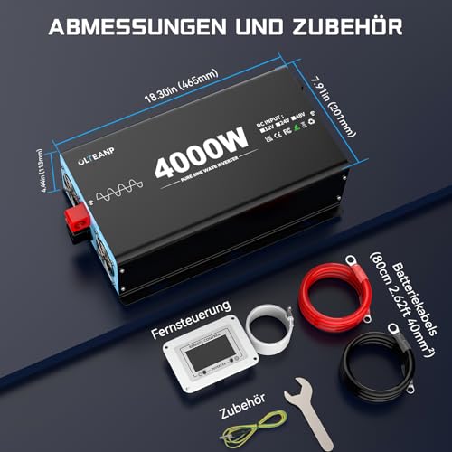 OLTEANP 4000W Pure Sine Wave Inverter 12V to 230V Car Voltage Converter with LCD Screen Remote Control, 2 AC Sockets, USB and Type-C Port Solar Power Inverter for Caravans, Boats