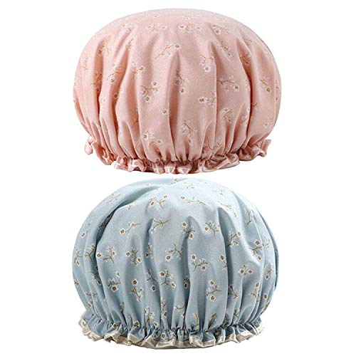 G2PLUS 32CM Large Shower Caps, 2PCS Reusable Bath Caps for Women, Elastic Shower Hats for Long Hair, Double Layers Bath Hats for Adults Long Hair
