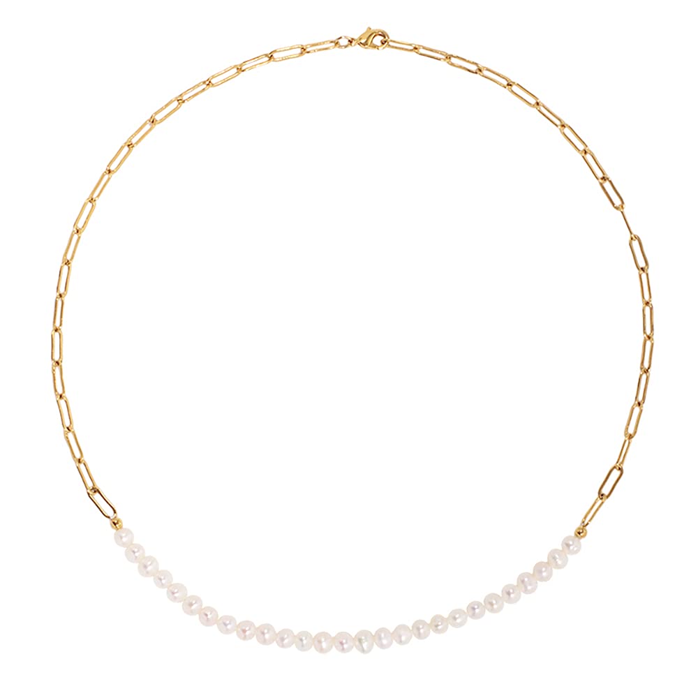 KVLmoze Paper Clip Pearl Choker 18k Gold Plated Necklace Half Pearl 4mm Cultured Handpicked Pearl Dainty Delicate Choker Stylish Jewelry for Girls Women
