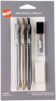 BLOT Mechanical Pencils Set 0.7 mm Medium Point, 2 Lead Pencil Grade, 3 Mechanical Pencils, 1 Refill Lead Case with 12 Leads, and 1 Eraser Included