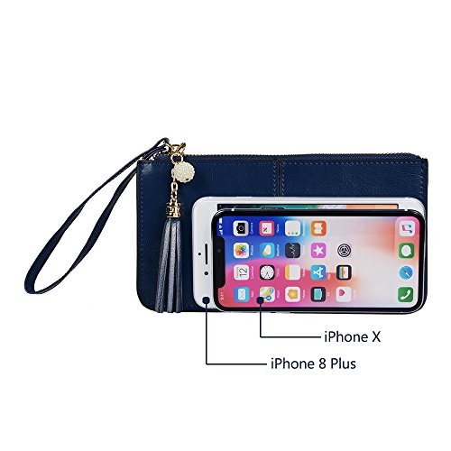 Lovena Soft Leather Wristlet Smartphone Zipper Wallet Tassel Wristlet - Fit iPhone X/iPhone 8/7Plus Samsung Note 8/5- Navy Blue - Thumbnail 6