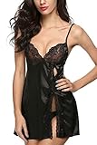 Avidlove Women Side Slit Strap Lingerie Satin Chemise Patchwork Lace Nightgowns
