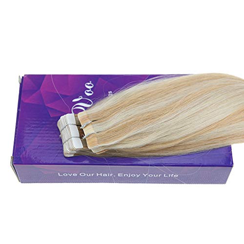 LaaVoo 14 inch Highlight Blonde Tape in Human Hair Extensions Color #27 Honey Blonde to Color #60 Light Blonde Seamless Human Hair Extension 20Pcs 50g/Package - Thumbnail 6