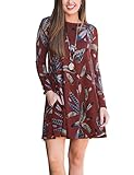 MEROKEETY Women's Casual Feather Print Long Sleeve Swing Tunic T Shirt Dress With Pockets