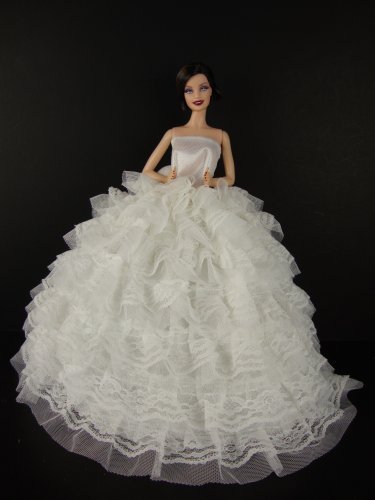 Lanlan Beautiful White Gown with Tons of Ruffles Ball Gown Made to Fit the Barbie Doll