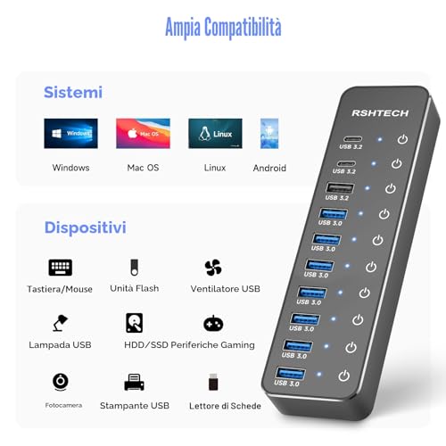 USB Hub Powered, RSHTECH USB 3.2/USB C Hub 10 Ports with USB-A 3.2 and 2x USB-C 3.2 10Gbps Data Ports, 7 USB-A 3.0 Ports and 12V/5A 60W Power, Individual Switches USB HUB, RSH-ST10C