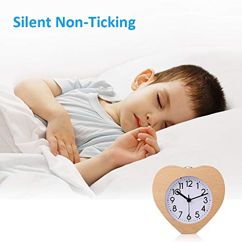 Night Light Alarm Clock, Silent Alarm Clock with Snooze & Gentle Wake, Battery Operated Wooden Heart Clock Decorative for Bedroom, Den, Office - Burlywood, 4 Inch