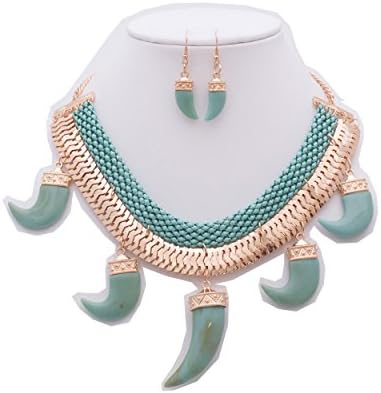 JN0214 - WOMEN'S FASHIONABLE HORN CHARM NECKLACE AND EARRINGS SET (HAELIA) (GOLD TURQOUISE)