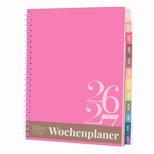 Rileys Academic Planner 2026-2027, Daily, Weekly & Monthly Planner, July 2026 - June 2027, Student Notes Pages, Twin-Wire Binding, Weekly Agenda for School & Work (20 x 15 cm, Classic, Pink, German)