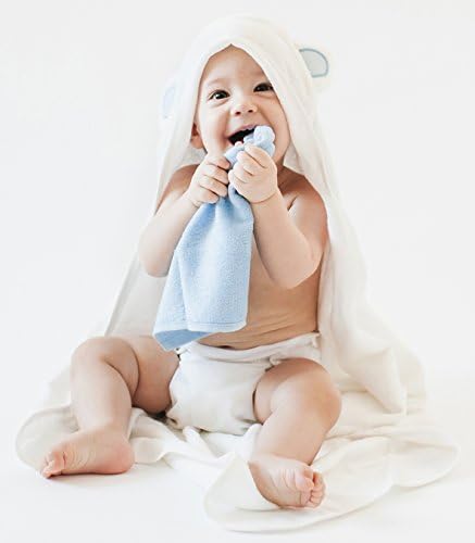 Luxury Baby Bamboo Hooded Bath Towel and Washcloth | White with Blue Ears | 100% Organic and Premium Material | Soft and Thick | Great for Baths, Pool, and Beach
