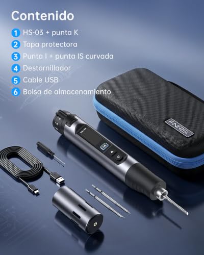FNIRSI HS-03 Batería Soldador Kit Soldador Inalámbrico con Batería de 2600 mAh, 100-450 °C, calentamiento rápido 3s, 5 niveles de temperatura, pantalla IPS de 0,96 pulgadas, soldador portátil para