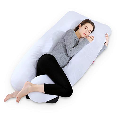 Meiz 55 Inch Pregnancy Pillow - U Shaped Body Pillow - for Pregnant Women and Baby Sleeping - with Cotton Cover - Elegant White