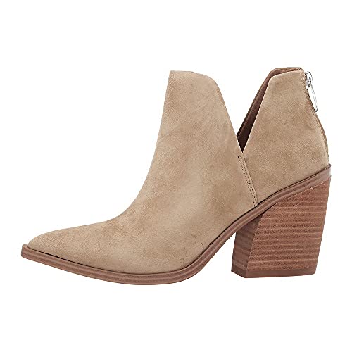 FISACE Womens Pointed Toe Stacked Mid Heel Ankle Boots V Cut Back