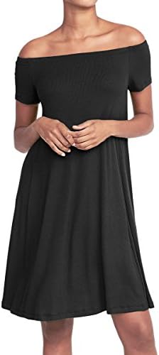 MISFONDLE Women's Sexy Casual Summer Off Shoulder Short Sleeve Loose Swing Day Dress Tunic Black