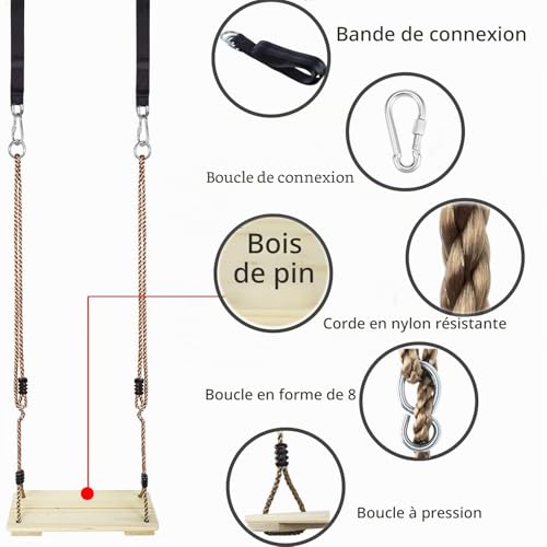 KINSPORY Children's Wooden Swing Outdoor Wooden Swing with Adjustable Hemp Rope - For Indoor and Outdoor Use, Maximum Load 130 kg