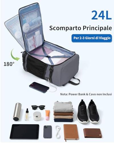 ECOHUB Zaino Ryanair 40x30x20 cm Leggero e 2 in 1, Zaino da Viaggio Pieghevole Sotto il Sedile, Bagaglio a Mano con Tasca Antifurto, Borsa da Cabina in Tessuto Riciclato per Uomo e Donna, Grigio
