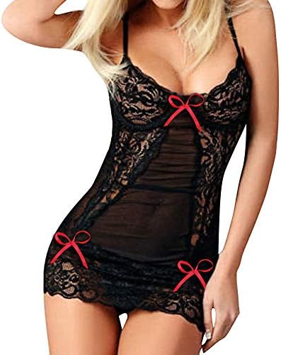 Lethez Women Sexy Lingerie Lace Babydoll Strap Chemise Bow Teddy V Neck Bandage Sleepwear