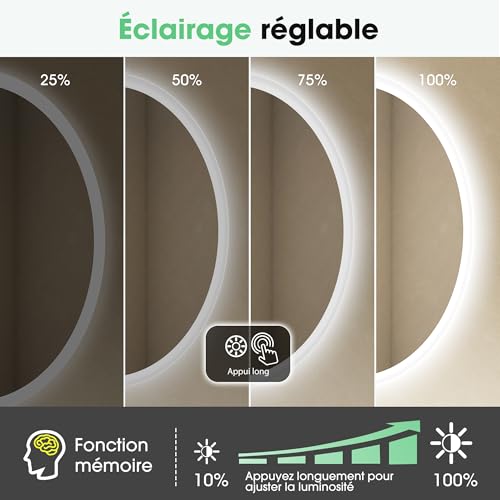 S'bagno Round Bathroom Mirror 70 cm, Bathroom Mirror with Lighting and Bluetooth, Anti-Fog, 3000K-6500K, Dimmable, HD Tempered Glass, IP44 LED Bathroom Mirror with Memory
