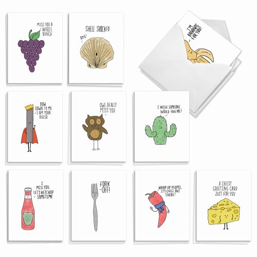The Best Card Company - 20 Note Cards Blank Assortment (4 x 5.12 Inch) (10 Designs, 2 Each) - Fun Puns AM2975OCB-B2x10