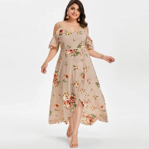 Women's Floral Maxi Dresses Boho Split Short Sleeve Cold Shoulder Flower Print Beach Party Dress (Beige -1, 2XL)