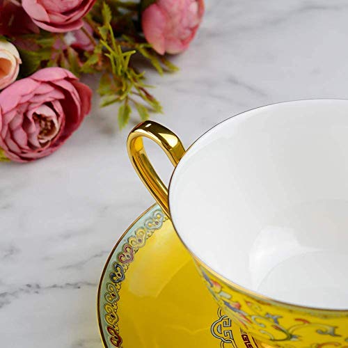 Tea Coffee Cup and Saucers Set Fine Bone Porcelain 6.8oz Hand-made Yellow Glaze Embossed Tea Cup with Matching Saucer