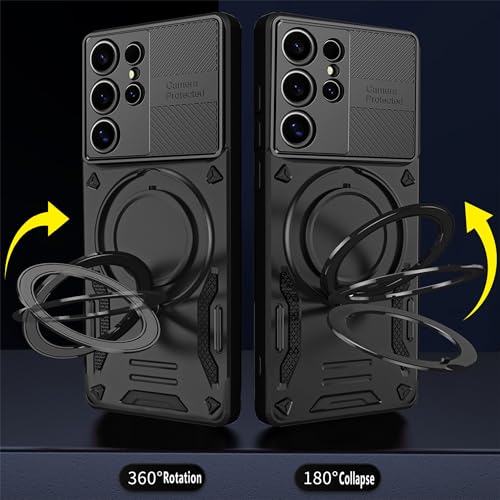 PANXIYUE Samsung Galaxy S24 Ultra 5G Case, with Invisible Magnetic Stand 360° Rotating Invisible Kickstand PC + Soft TPU Shockproof Protective Edges, Black
