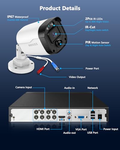 (2026 Updated) 5MP Wired Security Camera System, 8CH NVR with 8 x IP67 Outdoor Cameras, 122° Wide Angle, Free App No Monthly Fee, Remote Control, 1TB HDD, 24/7 Home Surveillance