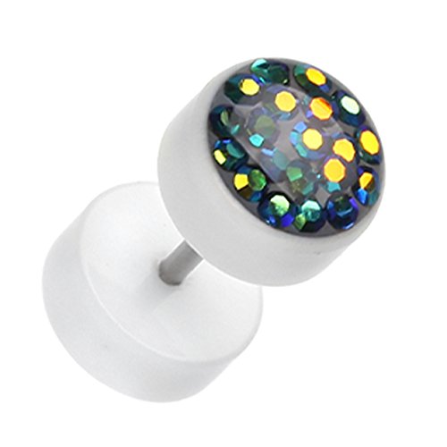 Sparkling Multi Glass-Gem White UV Fake Plug - 16 GA (1.2mm) - Ball Size: 5/16" (8mm) - Black/Aurora Borealis - Sold as a Pair