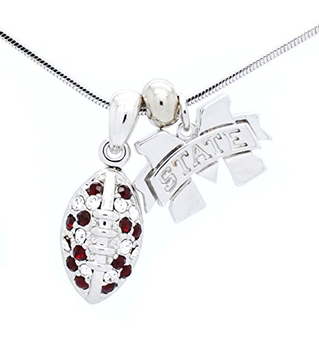 MISSISSIPPI STATE FOOTBALL NECKLACE MINI - MAROON & CLEAR CRYSTALS