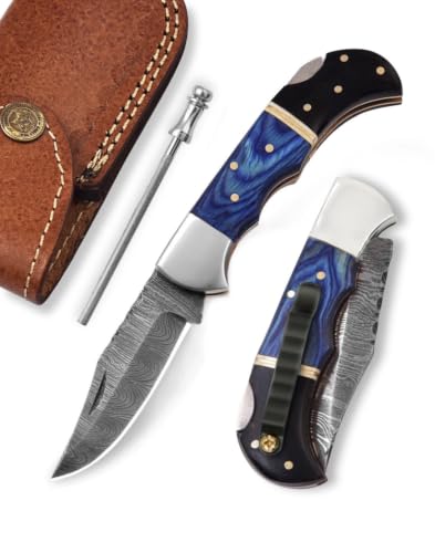 Koko Crafts- Damascus Pocket Knife with clip, Damascus Folding Knife, 6.5 inches Handmade Pocket Knife for Men & Women, Back Lock Utility Knife with Leather Sheath- Best for Camping, Hunting, & Gifting. at Amazon