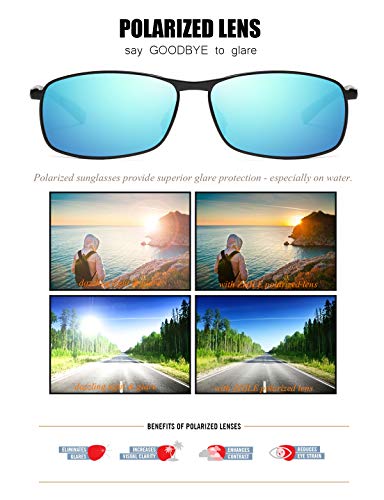 ZHILE Rectangular Polarized Sunglasses Al-Mg Alloy Temple Spring Hinge UV400 (Black, Blue mirrored)