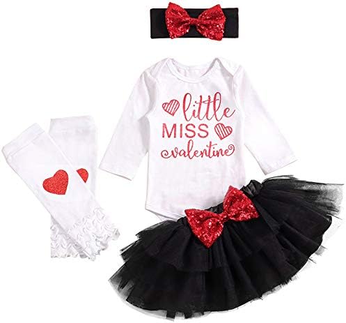 Baby Girl My First Valentines Day Outfit Little Miss Romper Tutu Skirt Leg Warmers Bow with Headband 4PCs Dress Set