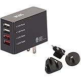 iKits (CB,ETL Certified) 4-Port USB Wall/International Charger, 2 Port 2.4A +2 Port 1A, with Smart IC Technology Compatible with iPhone/iPad &amp; More Universal US AU UK EU Plug Adapter (Black)