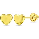 14k Yellow Gold Classic Little Heart Screw Back Earring Stud for Babies and Toddlers 4mm - Children's Heart Safety Screw Back Earrings - Daily Use Dainty Earring Studs For Baby Girls