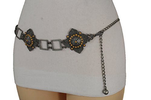 TFJ Women Ethnic Belt Hip Waist Vintage Antique Silver Metal Flower Charms S M L