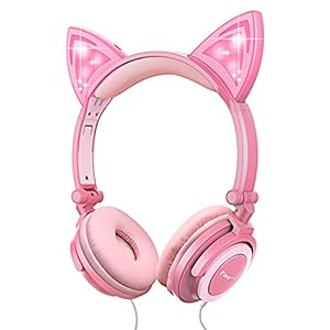 Kids-Cat-Ear-Headphones-for-Girls-Tablet-School-Supplies-Gifts-Light-Up-Wired-Adjustable-Kids-Headphones-Foldable-Over-Ear-Game-Headset-for-Travel-Birthday-ChristmasPeach esonstyle Kids Headphones for Girls, Cat Ear Headphones with Led Light and Volume Limit, Wired Foldable Headphones On…