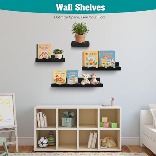 Kldgris Set of 4 Wall Shelves, Floating Shelves, Wood Hanging Shelves, Different Sizes, for Wall Decor, Living Room, Home Office, Bathroom, Kitchen (Black)
