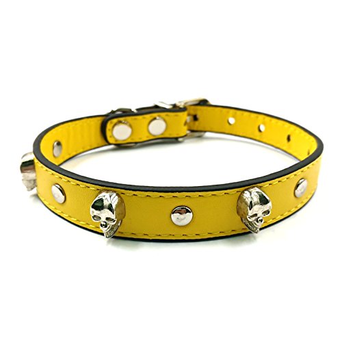 M2cbridge Small Dog Leather Collars Puppy Cat Skull Rivet Necklace, 2 Pack (Brown/Yellow)