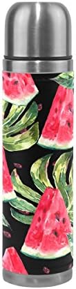 saobao Water Bottle Pattern With Tropical Leaves Slices Of Watermelon Stainless Steel Double Wall Vacuum Insulatied Thermos Cup Leak Proof Travel Coffee Mug Genuine Leather Cover Keep Drinks Hot and