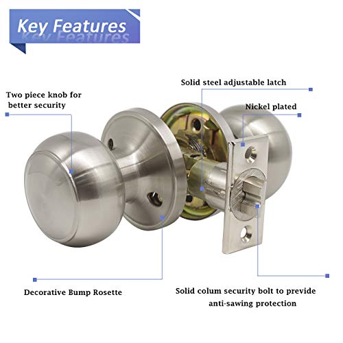 Door Knob Set of 5 Pack Passage Door Lock Brushed Nickel Interior Keyless Flat Door Knobs Handles Locksets - Thumbnail 7